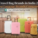 Top travel bag brands in India 2026 showcasing a collection of best luggage and suitcases compared on a wooden floor against an airport departure lounge background.