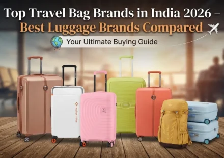 Top travel bag brands in India 2026 showcasing a collection of best luggage and suitcases compared on a wooden floor against an airport departure lounge background.