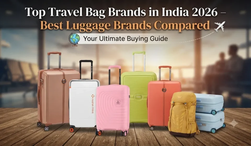 Top travel bag brands in India 2026 showcasing a collection of best luggage and suitcases compared on a wooden floor against an airport departure lounge background.