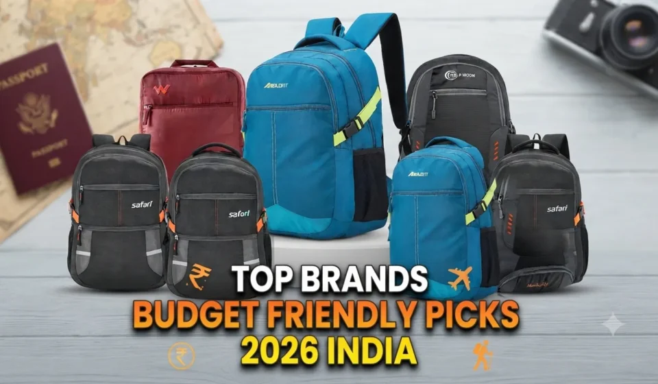 Top brands budget friendly backpacks in India 2026 showcasing affordable travel and college bags like Safari, Boldfit, Wildcraft, and Wesley.