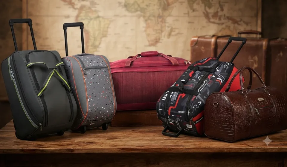 ​Best duffel bags for travel and luggage showcasing various rolling and leather designs on a wooden table with a world map background