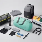 Flat lay collection of various colorful gym duffel bags, a backpack, fitness apparel, shaker bottle, and workout accessories on a neutral background.