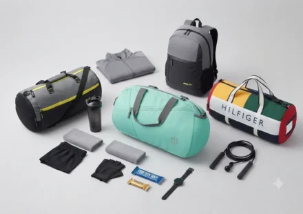 Flat lay collection of various colorful gym duffel bags, a backpack, fitness apparel, shaker bottle, and workout accessories on a neutral background.