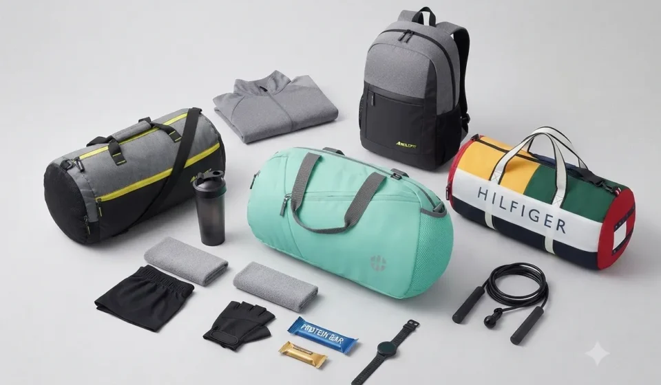 Flat lay collection of various colorful gym duffel bags, a backpack, fitness apparel, shaker bottle, and workout accessories on a neutral background.