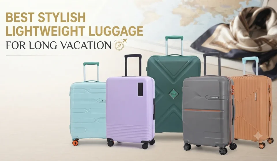 Best stylish lightweight luggage options in various colors laid out for a long vacation.