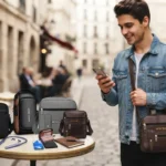 "Stylish man wearing a brown leather bag on a city street with a collection of daily carry accessories on a table."