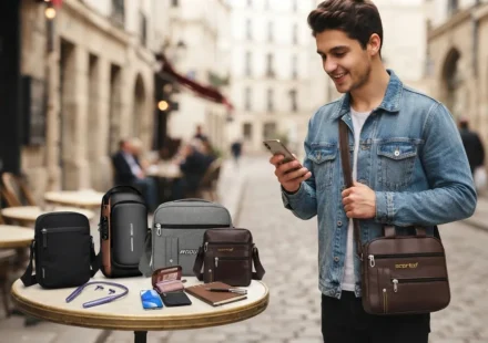 "Stylish man wearing a brown leather bag on a city street with a collection of daily carry accessories on a table."