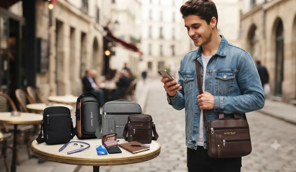 "Stylish man wearing a brown leather bag on a city street with a collection of daily carry accessories on a table."