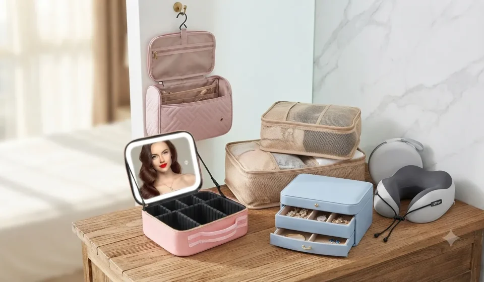 A stylish wooden dresser displaying various travel accessories including a pink hanging toiletry bag, LED makeup travel case, packing cubes, a blue jewelry box, and a neck pillow.