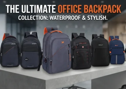 Collection of the best waterproof office backpacks for professionals displayed on a modern desk