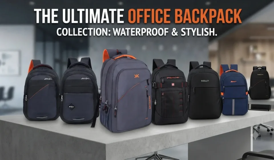 Collection of the best waterproof office backpacks for professionals displayed on a modern desk
