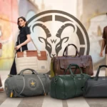 ​A stylish collection of premium leather travel duffels, messenger bags, and professional backpacks showcased by urban travelers.