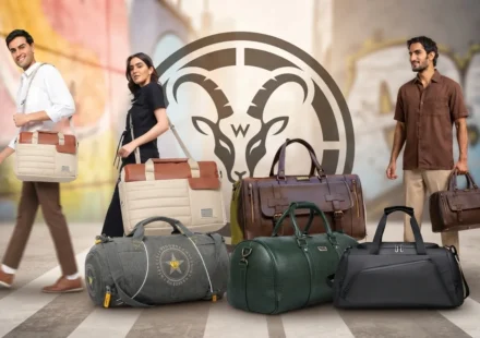 ​A stylish collection of premium leather travel duffels, messenger bags, and professional backpacks showcased by urban travelers.