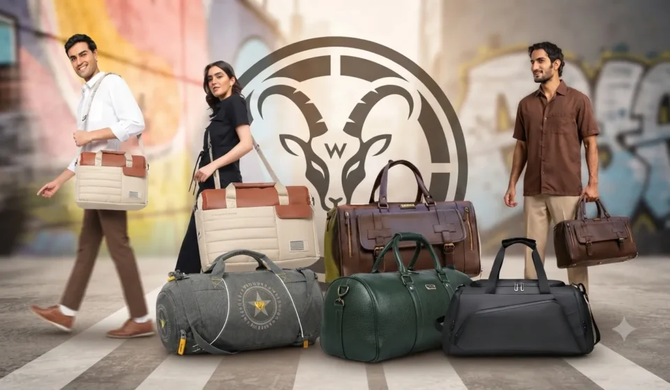 ​A stylish collection of premium leather travel duffels, messenger bags, and professional backpacks showcased by urban travelers.
