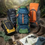 Best hiking backpacks and essential trekking gear arranged outdoors for an adventure expedition.