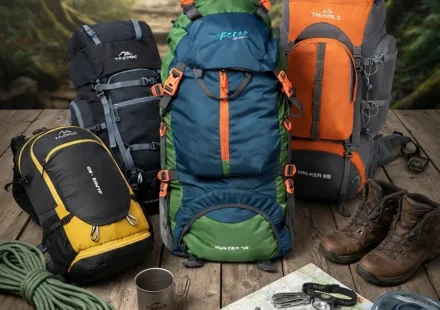 Best hiking backpacks and essential trekking gear arranged outdoors for an adventure expedition.
