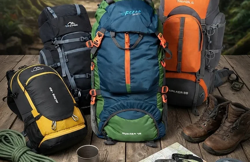 Best hiking backpacks and essential trekking gear arranged outdoors for an adventure expedition.