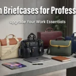 Stylish briefcases and work bags on office desk with laptop and coffee.
