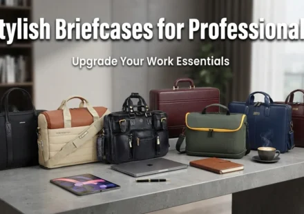 Stylish briefcases and work bags on office desk with laptop and coffee.