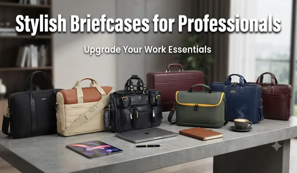 Stylish briefcases and work bags on office desk with laptop and coffee.