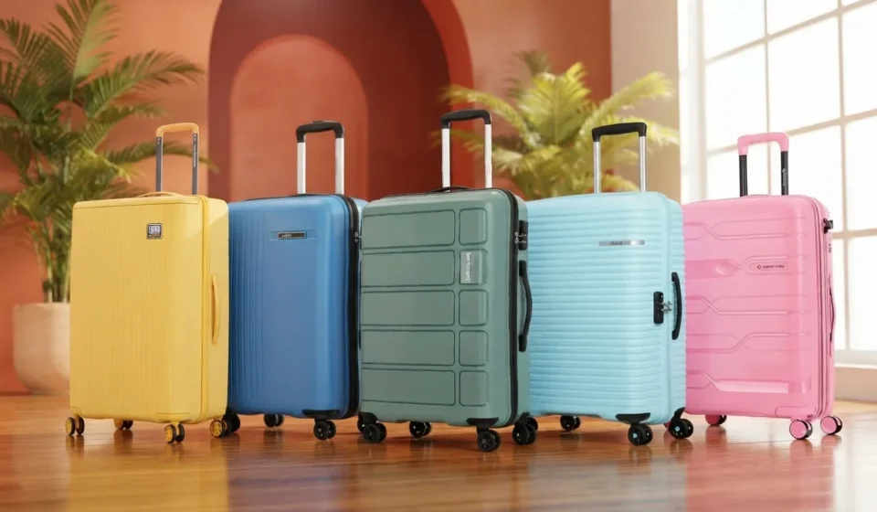 Collection of modern travel luggage suitcases in various vibrant colors