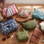 Collection of trendy women's handbags and accessories arranged on a rustic wooden table.