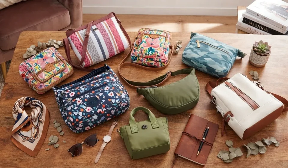 Collection of trendy women's handbags and accessories arranged on a rustic wooden table.