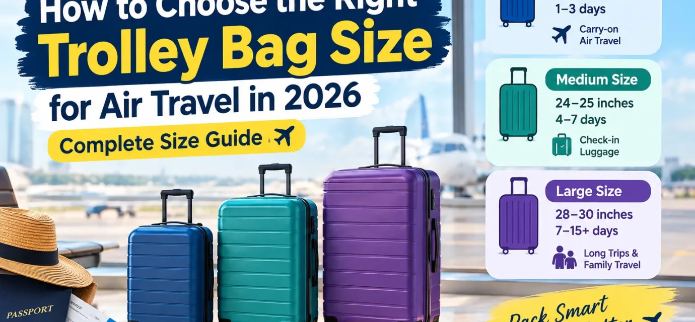 Trolley bag size for air travel guide showing cabin, medium and large luggage