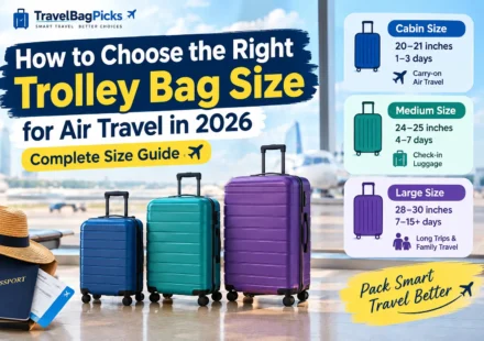 Trolley bag size for air travel guide showing cabin, medium and large luggage