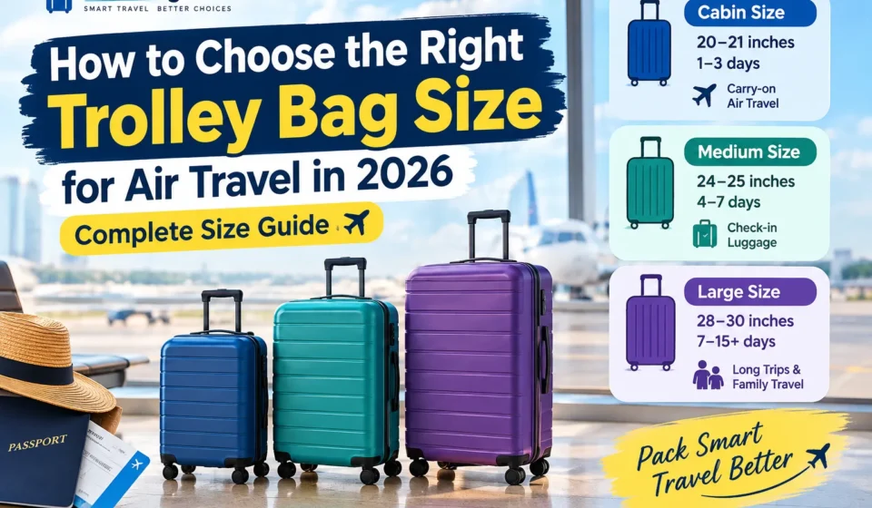 Trolley bag size for air travel guide showing cabin, medium and large luggage
