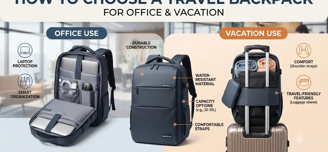 Travel backpack for office and vacation with laptop compartment