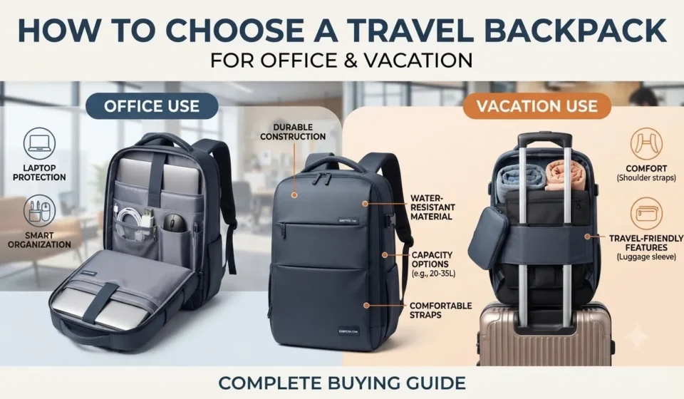 Travel backpack for office and vacation with laptop compartment